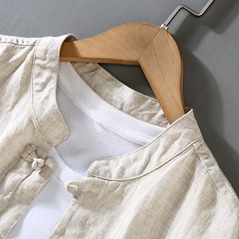 Buddha Stones Conjunto de 2 piezas: Camisa y pantalón de lino liso estilo Tang para meditación, con botones de rana, manga corta, para hombre. - image 1