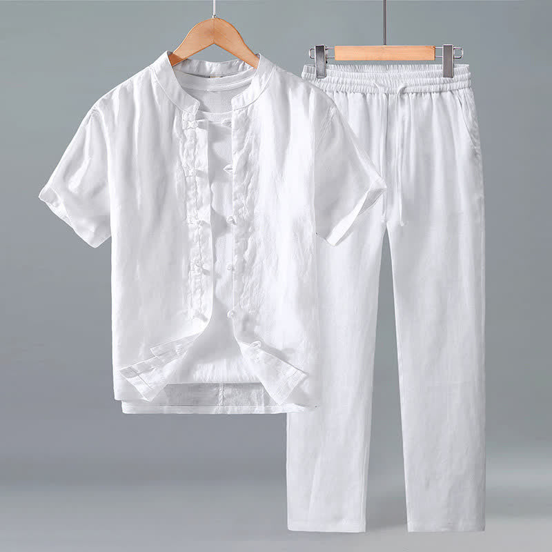 Buddha Stones Conjunto de 2 piezas: Camisa y pantalón de lino liso estilo Tang para meditación, con botones de rana, manga corta, para hombre. - Blanco - US/UK/AU42, EU52 (3XL) - image 8