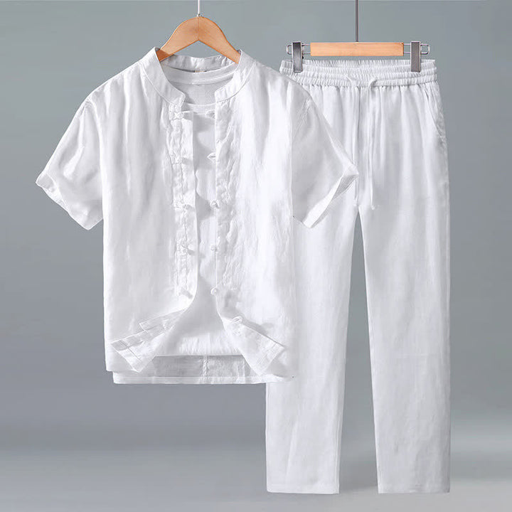 Buddha Stones Conjunto de 2 piezas: Camisa y pantalón de lino liso estilo Tang para meditación, con botones de rana, manga corta, para hombre. - Blanco - US/UK/AU42, EU52 (3XL) - image 8