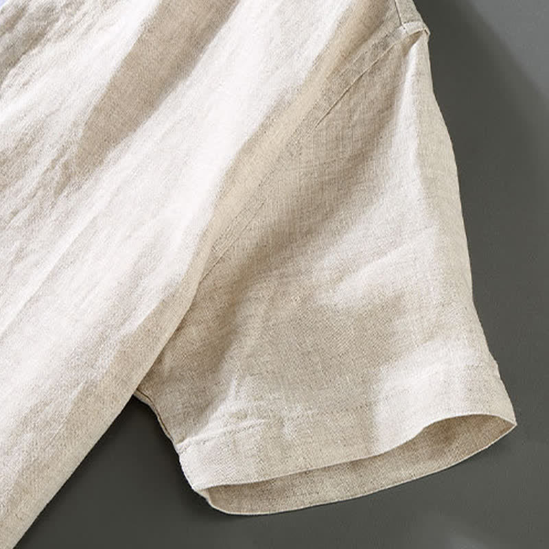 Buddha Stones Conjunto de 2 piezas: Camisa y pantalón de lino liso estilo Tang para meditación, con botones de rana, manga corta, para hombre. - image 3
