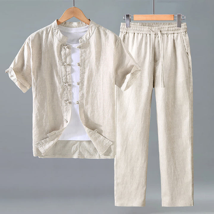 Buddha Stones Conjunto de 2 piezas: Camisa y pantalón de lino liso estilo Tang para meditación, con botones de rana, manga corta, para hombre. - Lino - US/UK/AU42, EU52 (3XL) - image 0
