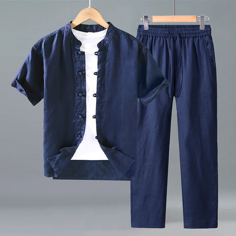 Buddha Stones Conjunto de 2 piezas: Camisa y pantalón de lino liso estilo Tang para meditación, con botones de rana, manga corta, para hombre. - Azul medianoche - US/UK/AU42, EU52 (3XL) - image 7