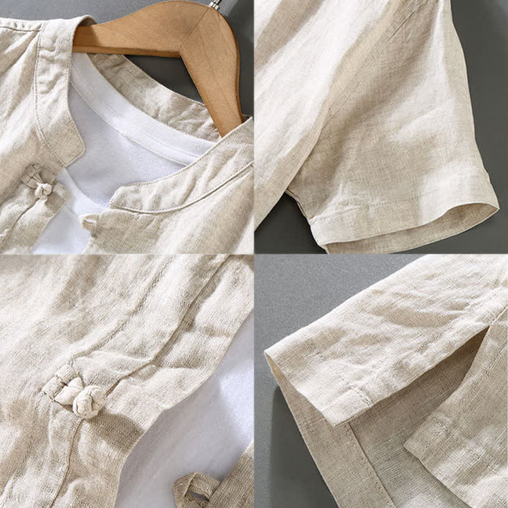 Buddha Stones Conjunto de 2 piezas: Camisa y pantalón de lino liso estilo Tang para meditación, con botones de rana, manga corta, para hombre. - image 5