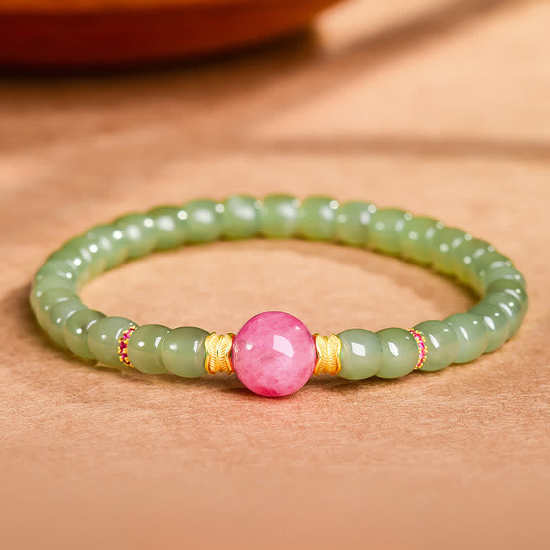 Buddha Stones Pulsera de rodonita con cuentas redondas de jade para la suerte - image 3