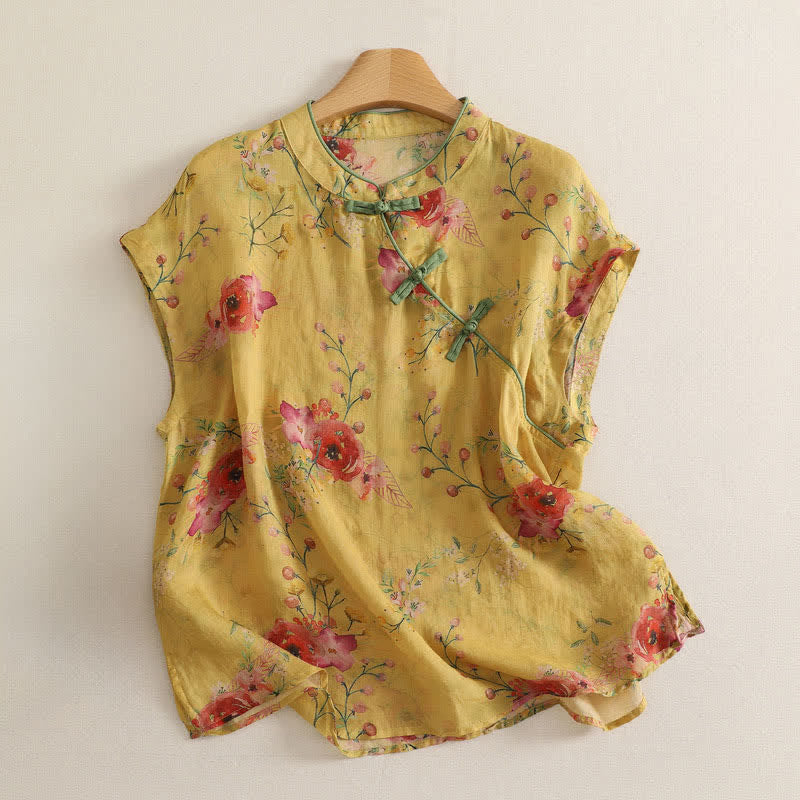 Buddha Stones Camiseta sin mangas de verano estilo Tang vintage con botones de rana y estampado floral rojo para mujer. - Caqui - US12, UK/AU16, EU44 (2XL) - image 0