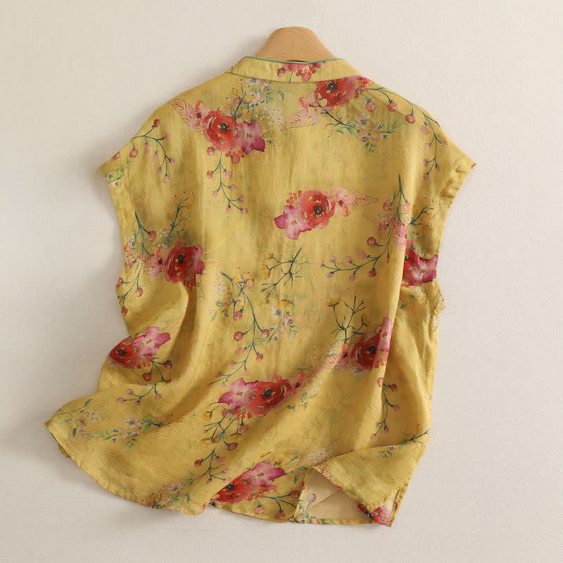 Buddha Stones Camiseta sin mangas de verano estilo Tang vintage con botones de rana y estampado floral rojo para mujer. - image 1