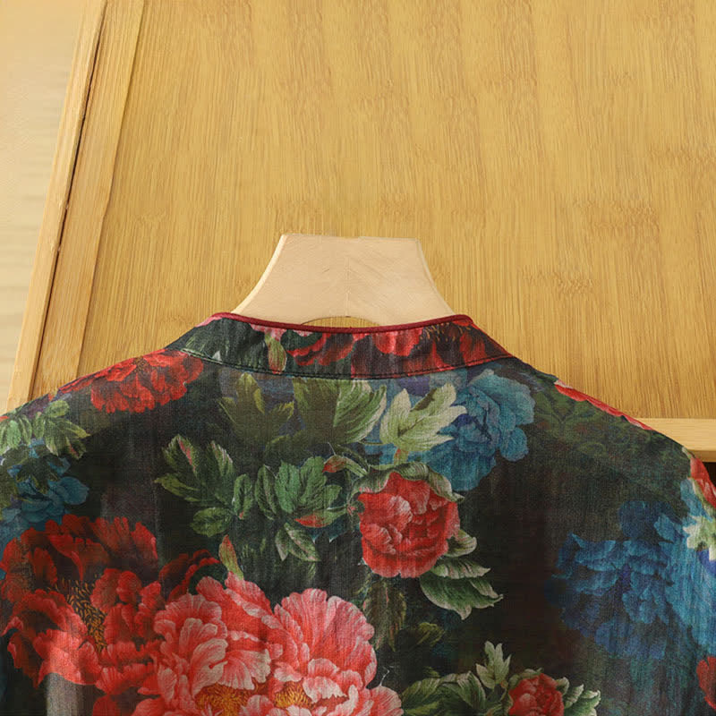 Buddha Stones Camiseta sin mangas elegante de estilo veraniego con cuello mandarín y estampado floral de peonías para mujer. - image 4
