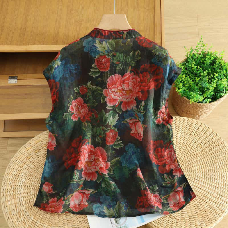 Buddha Stones Camiseta sin mangas elegante de estilo veraniego con cuello mandarín y estampado floral de peonías para mujer. - image 1