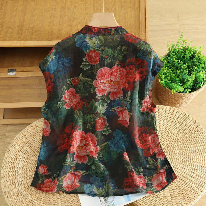 Buddha Stones Camiseta sin mangas elegante de estilo veraniego con cuello mandarín y estampado floral de peonías para mujer. - image 1
