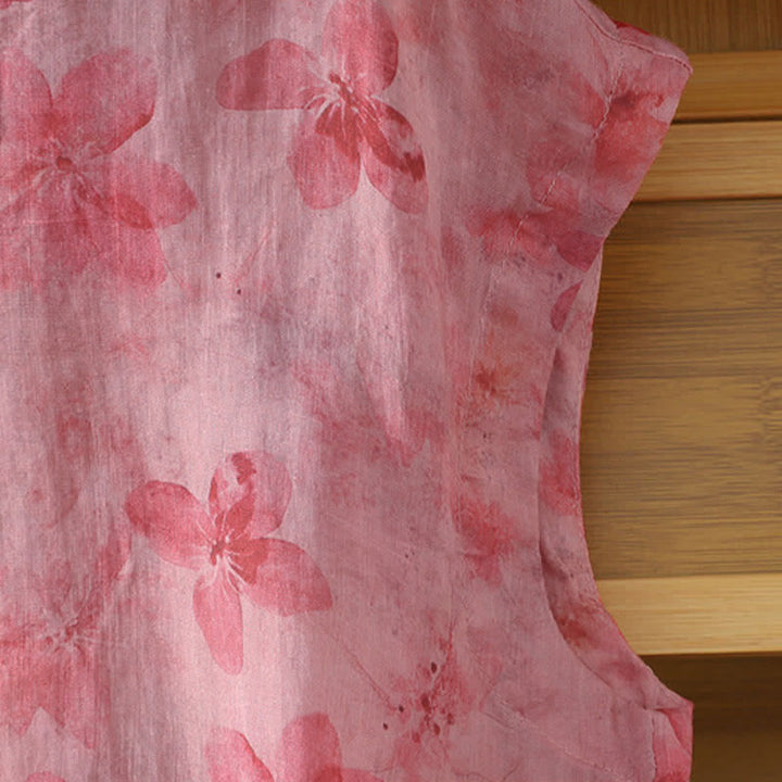 Buddha Stones Camiseta sin mangas de mujer estilo Tang informal con cuello mandarín y estampado floral rosa. - image 6