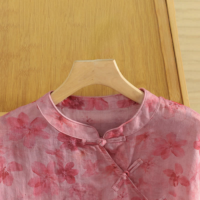 Buddha Stones Camiseta sin mangas de mujer estilo Tang informal con cuello mandarín y estampado floral rosa. - image 3