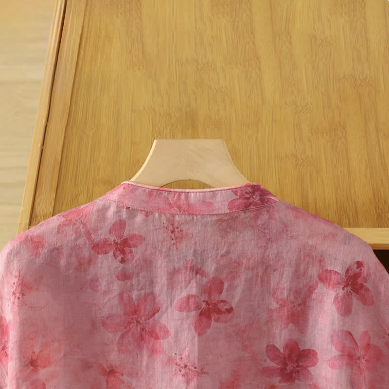 Buddha Stones Camiseta sin mangas de mujer estilo Tang informal con cuello mandarín y estampado floral rosa. - image 4