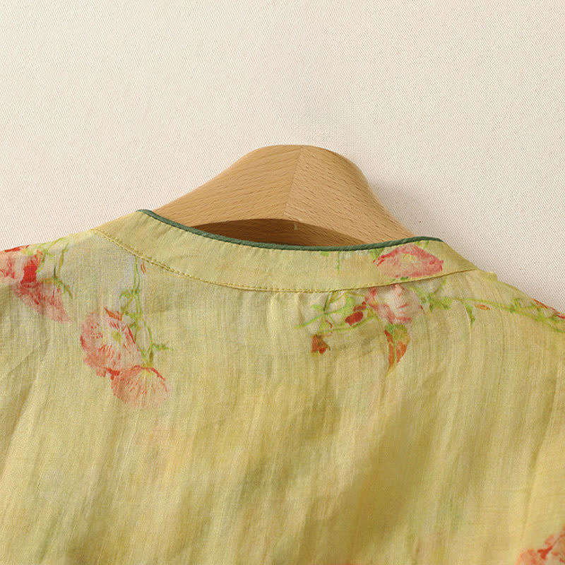 Buddha Stones Camiseta sin mangas para mujer estilo Summer Tang vintage con cuello mandarín y flores rosas. - image 3