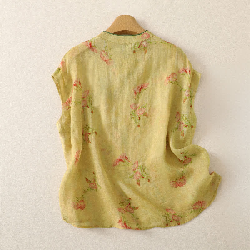 Buddha Stones Camiseta sin mangas para mujer estilo Summer Tang vintage con cuello mandarín y flores rosas. - image 1