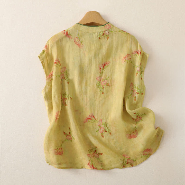Buddha Stones Camiseta sin mangas para mujer estilo Summer Tang vintage con cuello mandarín y flores rosas. - image 1