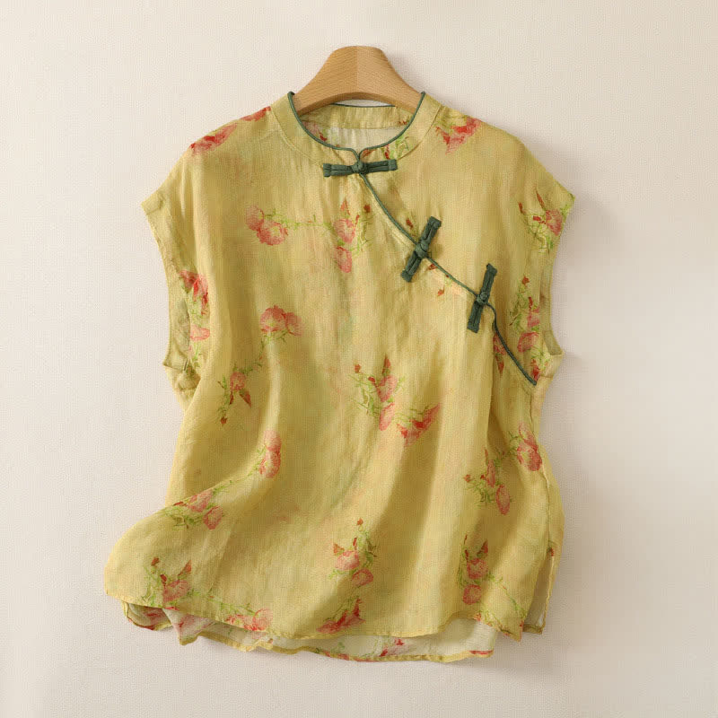 Buddha Stones Camiseta sin mangas para mujer estilo Summer Tang vintage con cuello mandarín y flores rosas. - vara de oro pálida - US4, UK/AU8, EU36 (M) - image 0