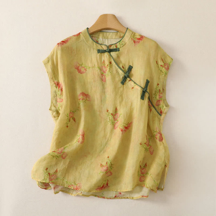 Buddha Stones Camiseta sin mangas para mujer estilo Summer Tang vintage con cuello mandarín y flores rosas. - vara de oro pálida - US4, UK/AU8, EU36 (M) - image 0