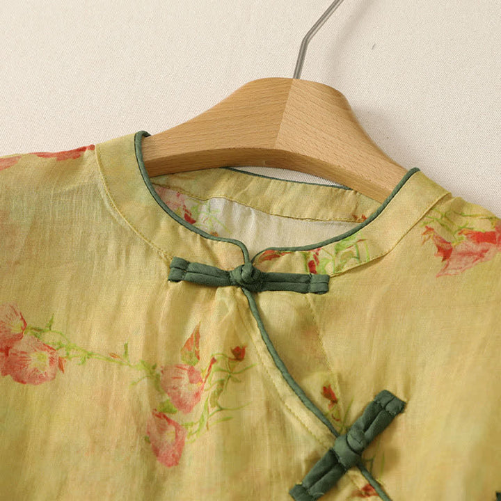 Buddha Stones Camiseta sin mangas para mujer estilo Summer Tang vintage con cuello mandarín y flores rosas. - image 2