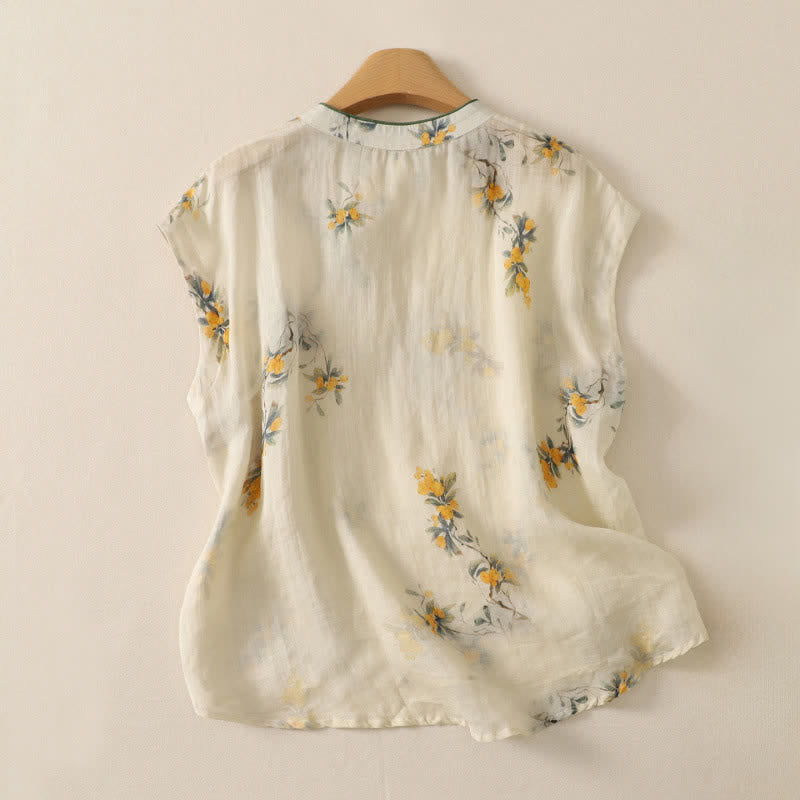 Buddha Stones Camiseta sin mangas para mujer estilo Summer Tang vintage con cuello mandarín y estampado floral de níspero amarillo. - image 1