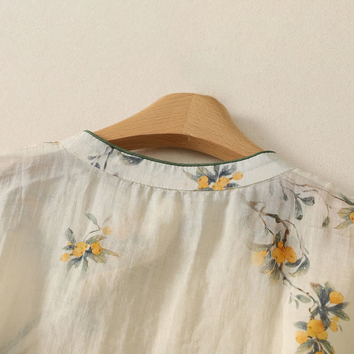 Buddha Stones Camiseta sin mangas para mujer estilo Summer Tang vintage con cuello mandarín y estampado floral de níspero amarillo. - image 4