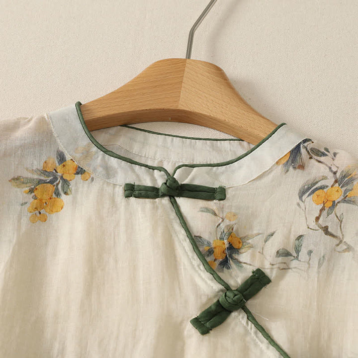 Buddha Stones Camiseta sin mangas para mujer estilo Summer Tang vintage con cuello mandarín y estampado floral de níspero amarillo. - image 3