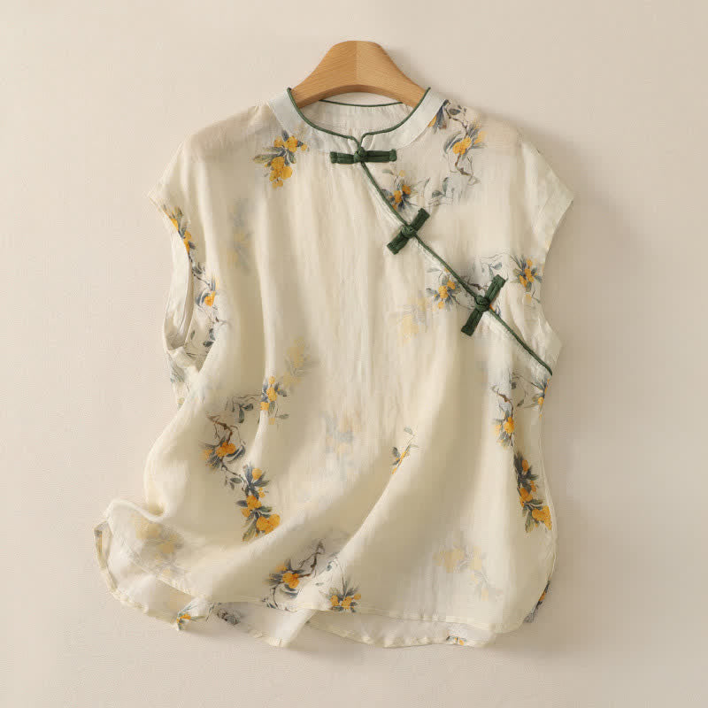Buddha Stones Camiseta sin mangas para mujer estilo Summer Tang vintage con cuello mandarín y estampado floral de níspero amarillo. - Beige - US12, UK/AU16, EU44 (2XL) - image 0
