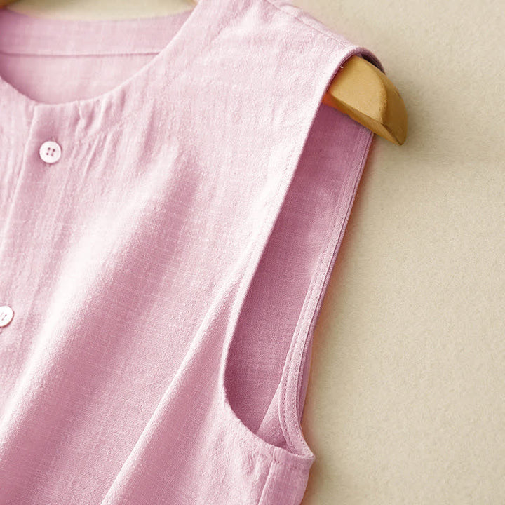 Buddha Stones Camiseta sin mangas minimalista de verano con botones para mujer. - image 15