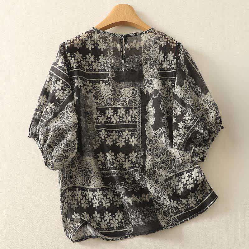 Buddha Stones Camisas de manga corta para mujer, estilo casual de verano, con estampado floral vintage en color negro y patchwork. - image 1