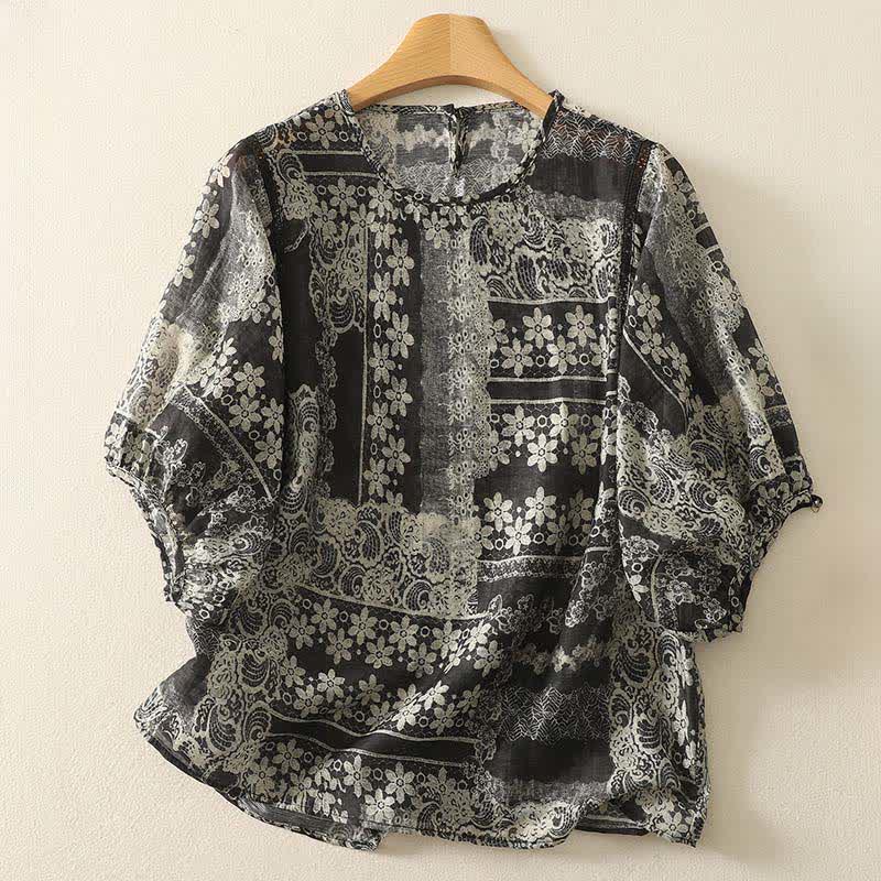 Buddha Stones Camisas de manga corta para mujer, estilo casual de verano, con estampado floral vintage en color negro y patchwork. - Negro - US8-10, UK/AU12-14, EU40-42 (2XL) - image 0