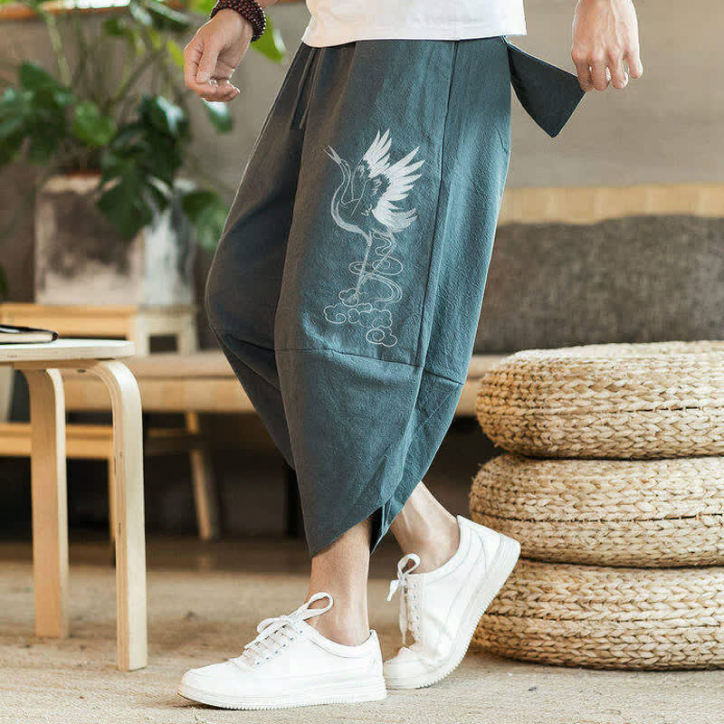 Buddha Stones Pantalones capri casuales de verano estilo vintage con cordón y estampado de grullas, pantalones harem para hombre con bolsillo - image 1