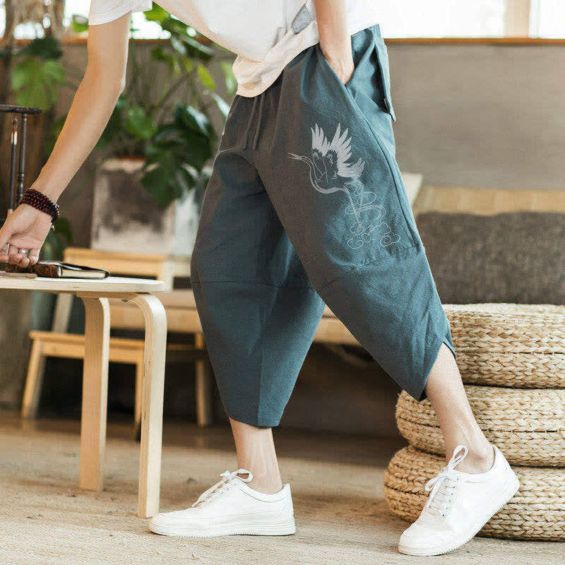 Buddha Stones Pantalones capri casuales de verano estilo vintage con cordón y estampado de grullas, pantalones harem para hombre con bolsillo - image 1