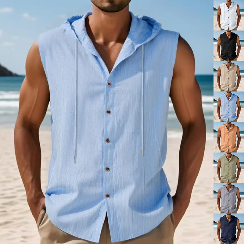 Buddha Stones Camiseta sin mangas lisa de verano informal minimalista con botones y cordón ajustable para hombre. - Azul claro - US/UK/AU46, EU56 (3XL) - image 0