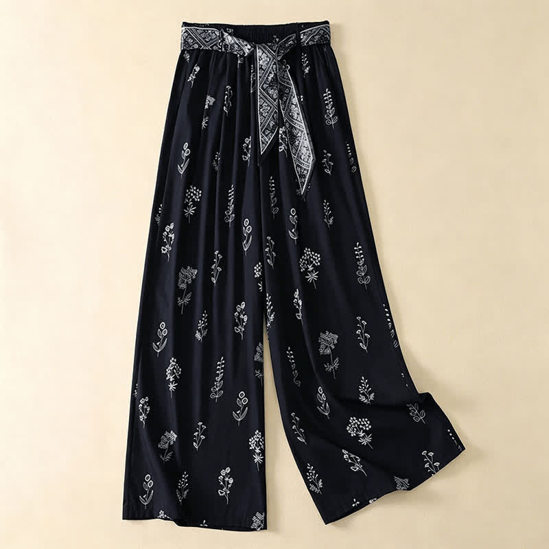 Buddha Stones Pantalones tobilleros florales de estilo vintage con cordón ajustable, estilo casual de verano para mujer, de pierna ancha y con bolsillo. - Azul medianoche - US8-10, UK/AU12-14, EU40-42 (2XL) - image 0