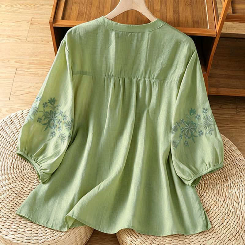 Buddha Stones Camisas de manga corta para mujer, estilo casual veraniego vintage con bordado floral. - image 1