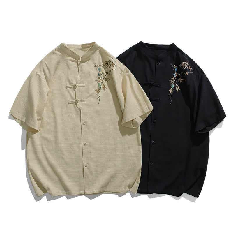 Buddha Stones Camisas de manga corta para hombre estilo Tang de verano con cuello mandarín, botones de rana y bordado de hojas. - image 15