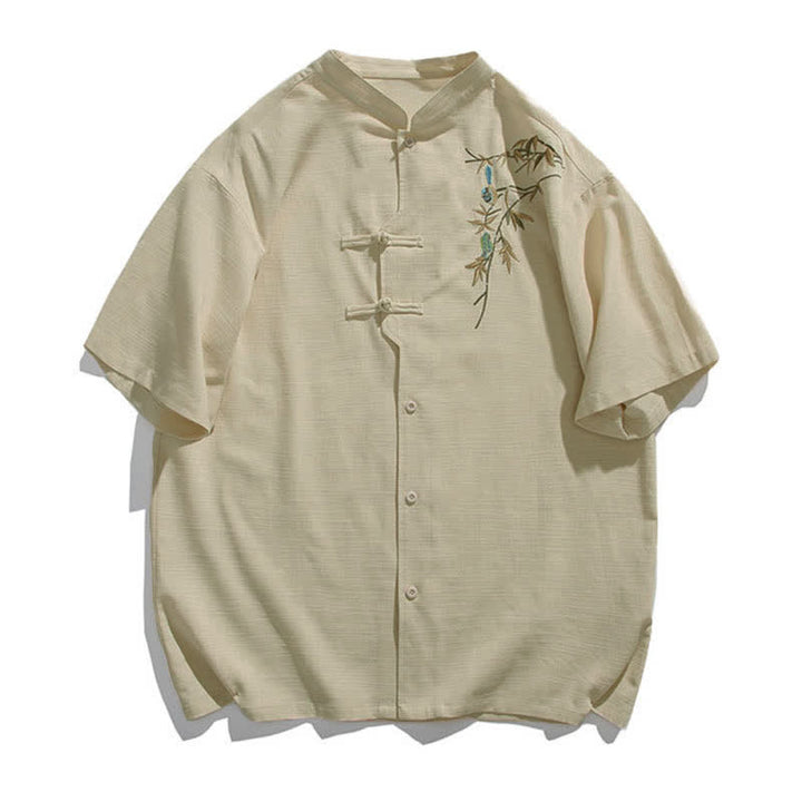 Buddha Stones Camisas de manga corta para hombre estilo Tang de verano con cuello mandarín, botones de rana y bordado de hojas. - Beige - US/UK/AU46, EU56 (5XL) - image 2