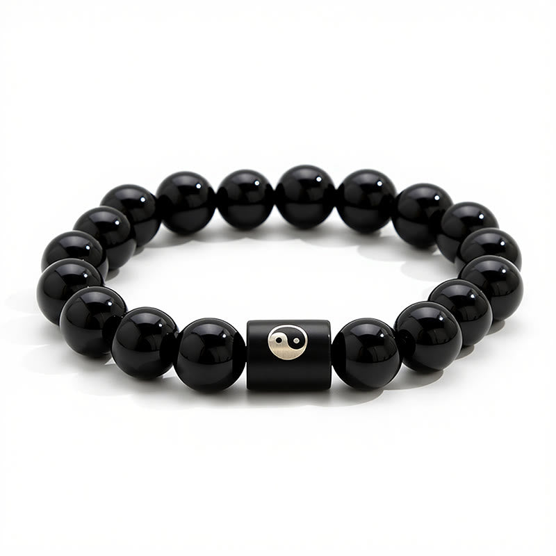 Buddha Stones Pulsera de cuentas cilíndricas con incrustaciones de madera de ébano y símbolo de equilibrio Yin Yang. - image 8