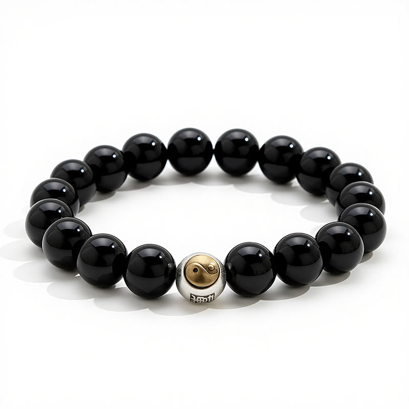 Buddha Stones Pulsera vintage redonda de cuentas con diseño de equilibrio Yin Yang en obsidiana negra - image 2