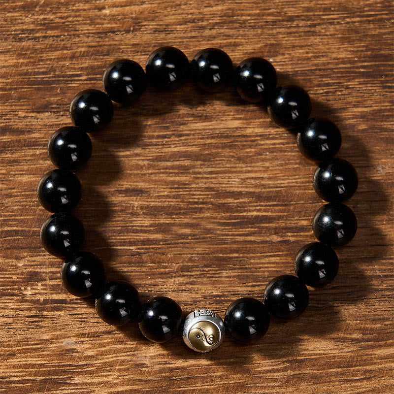 Buddha Stones Pulsera vintage redonda de cuentas con diseño de equilibrio Yin Yang en obsidiana negra - image 1
