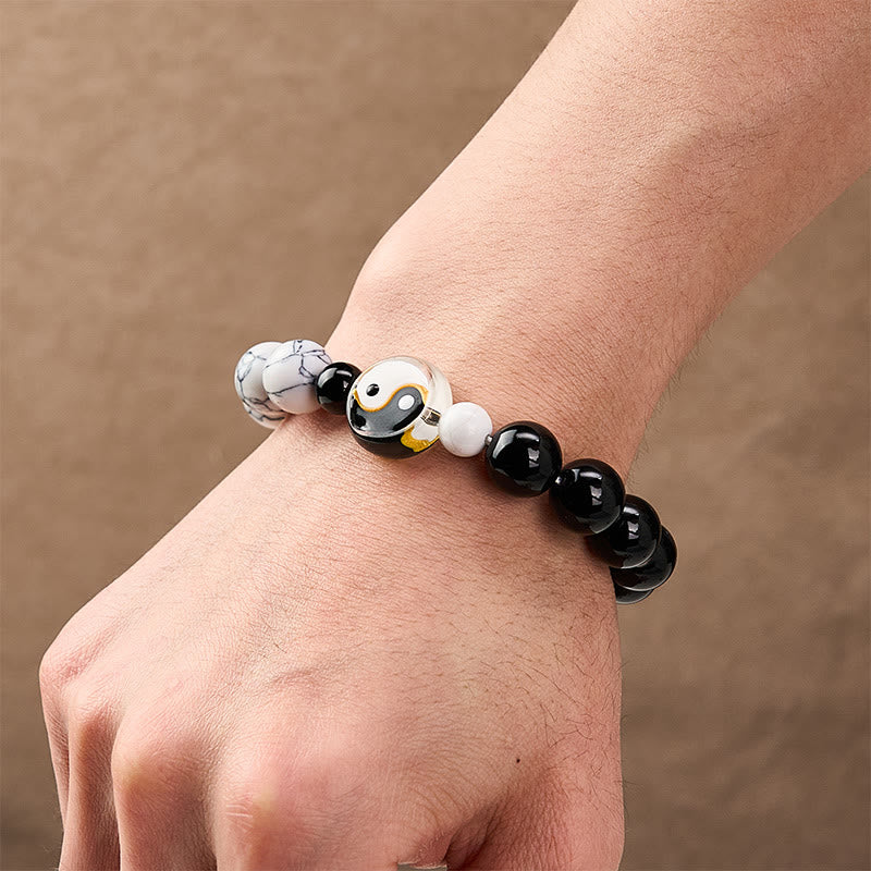Buddha Stones Pulsera de cuentas redondas con cuentas planas de vidrio Liuli Yin Yang Balance - image 4