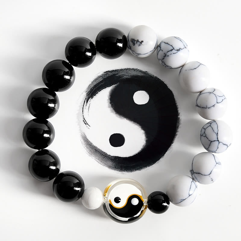 Buddha Stones Pulsera de cuentas redondas con cuentas planas de vidrio Liuli Yin Yang Balance - Yin Yang (Armonía ♥ Equilibrio) - image 0