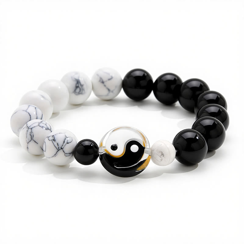 Buddha Stones Pulsera de cuentas redondas con cuentas planas de vidrio Liuli Yin Yang Balance - image 2