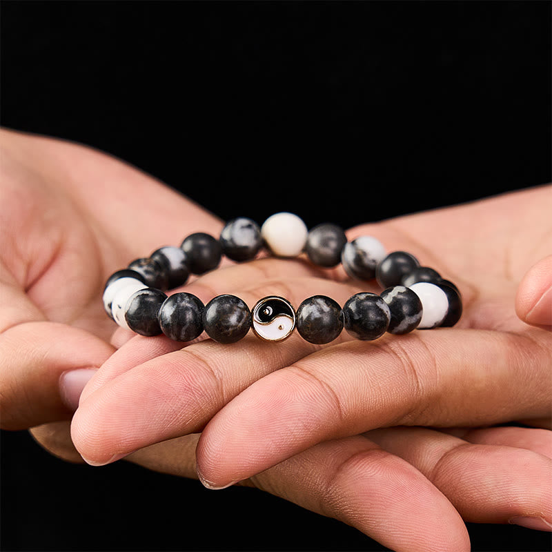 Buddha Stones Pulsera de cuentas redondas de ágata orca con diseño Yin Yang en armonía - Ágata orca (Protección ♥ Paz interior) - image 2