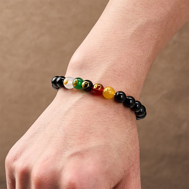Buddha Stones Pulsera de cuentas redondas pulidas a mano con diseño de Yin Yang y ónix negro - image 3