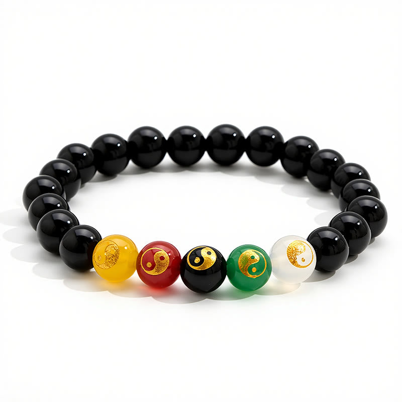 Buddha Stones Pulsera de cuentas redondas pulidas a mano con diseño de Yin Yang y ónix negro - image 1