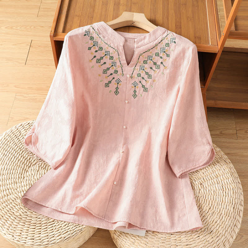 Buddha Stones Camisas de manga tres cuartos para mujer, estilo bohemio casual de verano, con bordado geométrico floral y cuello en V. - rosa claro - US12, UK/AU16, EU44 (3XL) - image 7