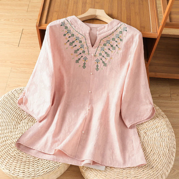 Buddha Stones Camisas de manga tres cuartos para mujer, estilo bohemio casual de verano, con bordado geométrico floral y cuello en V. - rosa claro - US12, UK/AU16, EU44 (3XL) - image 7