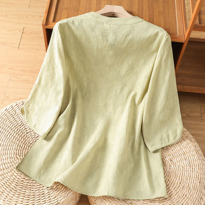 Buddha Stones Camisas de manga tres cuartos para mujer, estilo bohemio casual de verano, con bordado geométrico floral y cuello en V. - image 16