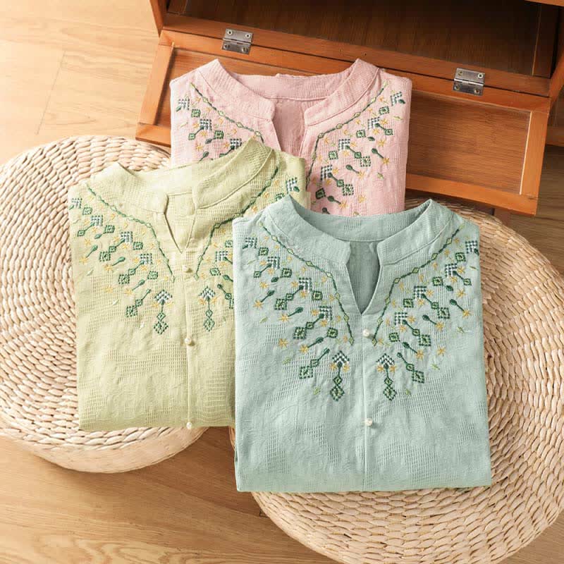 Buddha Stones Camisas de manga tres cuartos para mujer, estilo bohemio casual de verano, con bordado geométrico floral y cuello en V. - image 23