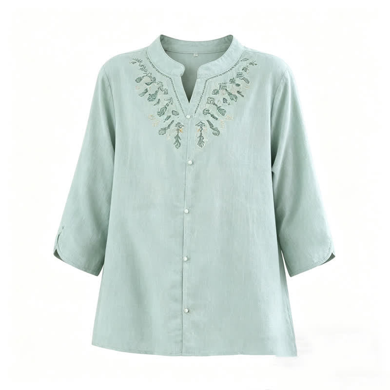 Buddha Stones Camisas de manga tres cuartos para mujer, estilo bohemio casual de verano, con bordado geométrico floral y cuello en V. - image 6